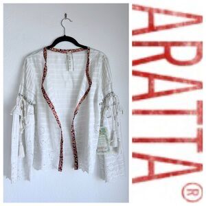 NWT Aratta White Eyelet & Pink Leopard Trim Bell Sleeve Open Kimono Top Size S